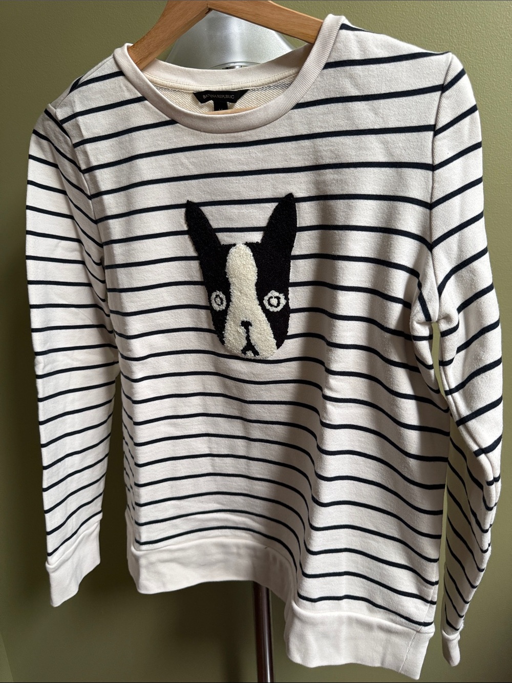 Banana Republic Cream & Navy Striped Sweater with Dog Appliqué